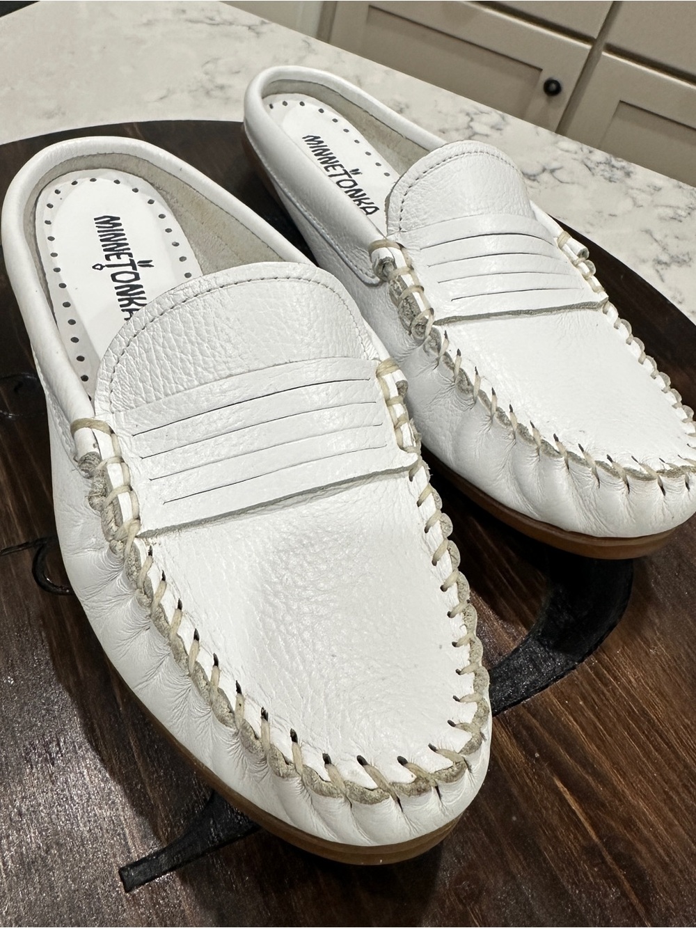 Minnetonka White Leather Penny Mules